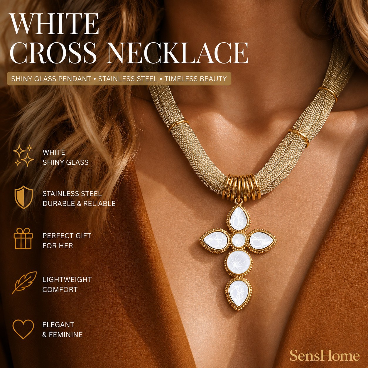 White Glass Cross Pendant Necklace Women Gold Stainless Steel Statement PVD