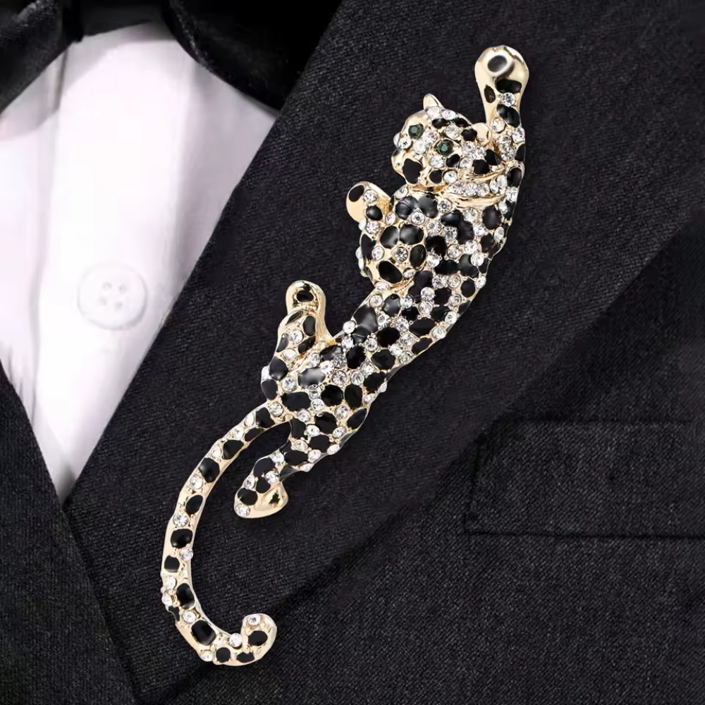 Men’s Rhinestone Leopard Brooch – Elegant Dad Gift Wedding Lapel Pin Jewelry
