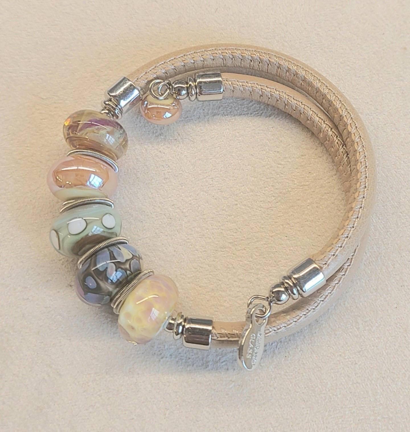 Murano Handmade Multicolor Glass Beads Leather Wrap Around Strap Charm Bracelet