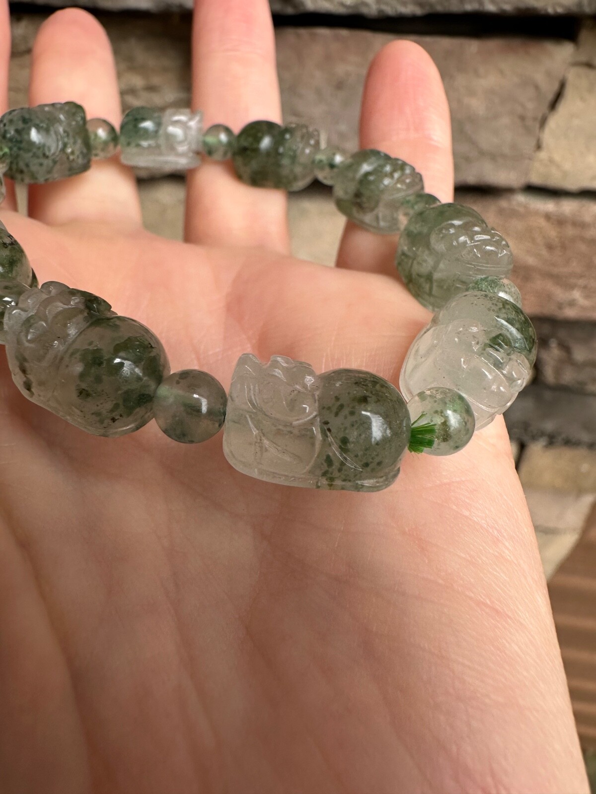 Moss Agate Bracelet Carved Pixiu Artisan Handcrafted
