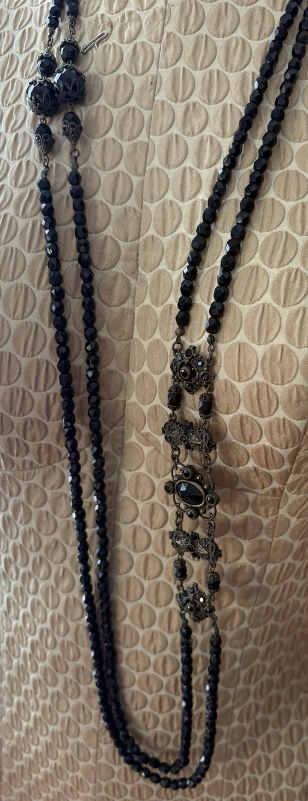 Vintage SWEET ROMANCE USA Victorian Revival Black Glass Bead Brass Necklace 42”