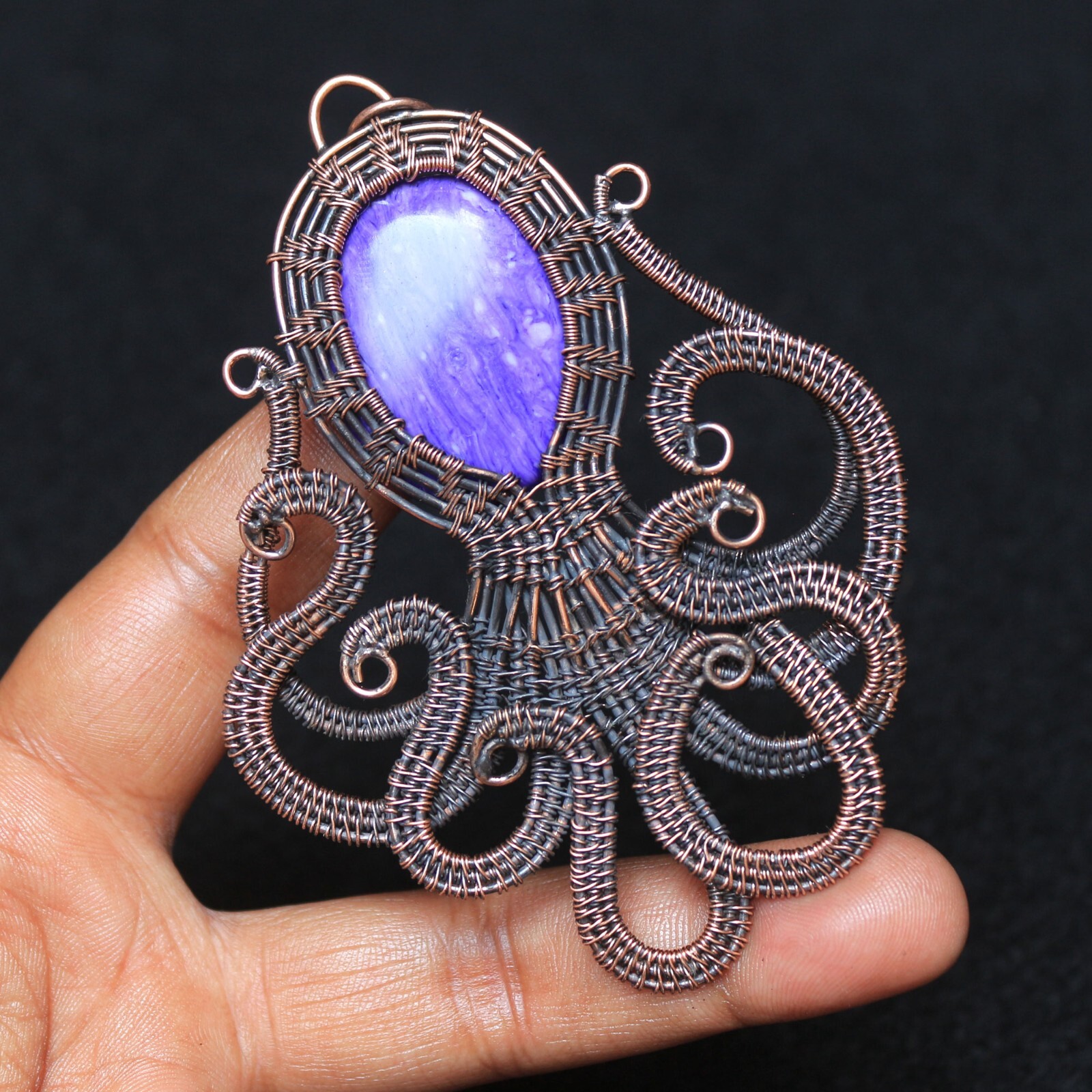 Beautiful Octopus Copper Wire Wrap Jewelry Purple Charoite Boho Pendant N360