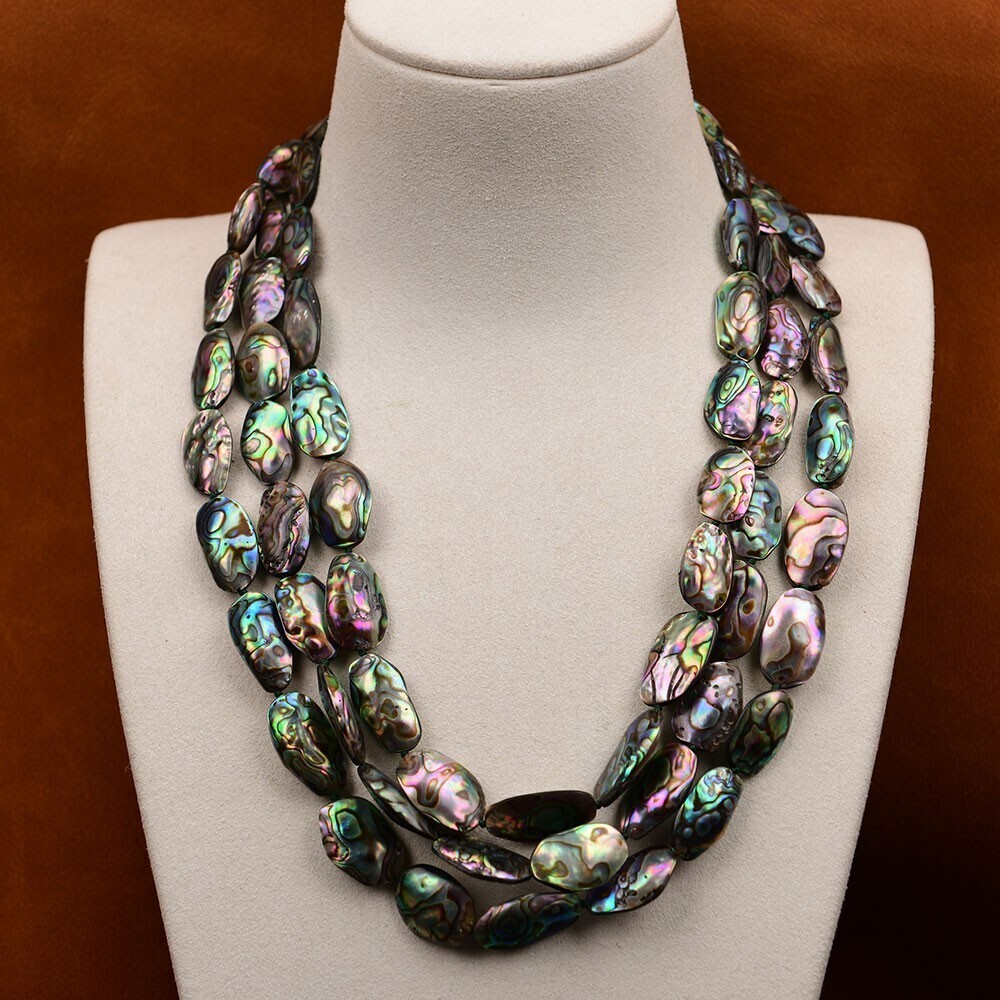 3 Rows Big Jewelry Natural Paua Abalone Shell Beads Necklace Multi Strands