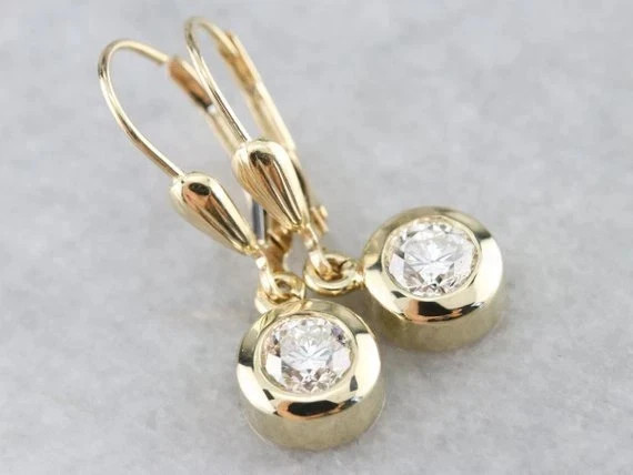 1CT Round Cut Simulated Diamond Bezel Drop Dangle Earring 14K Yellow Gold Plated