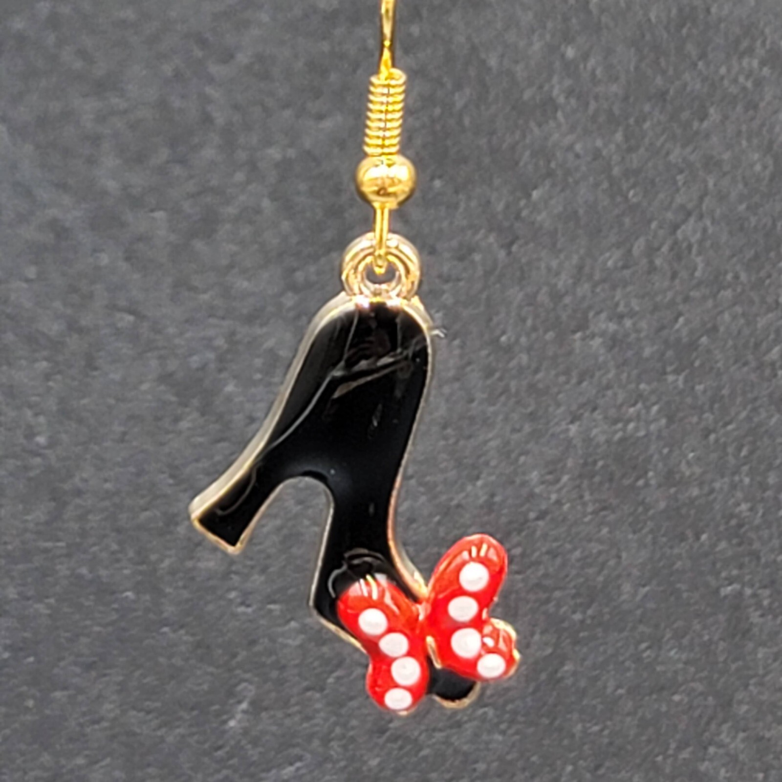 High Heel Shoes Pierced Earrings Gold tone Red Black Enamel Dangle 1″