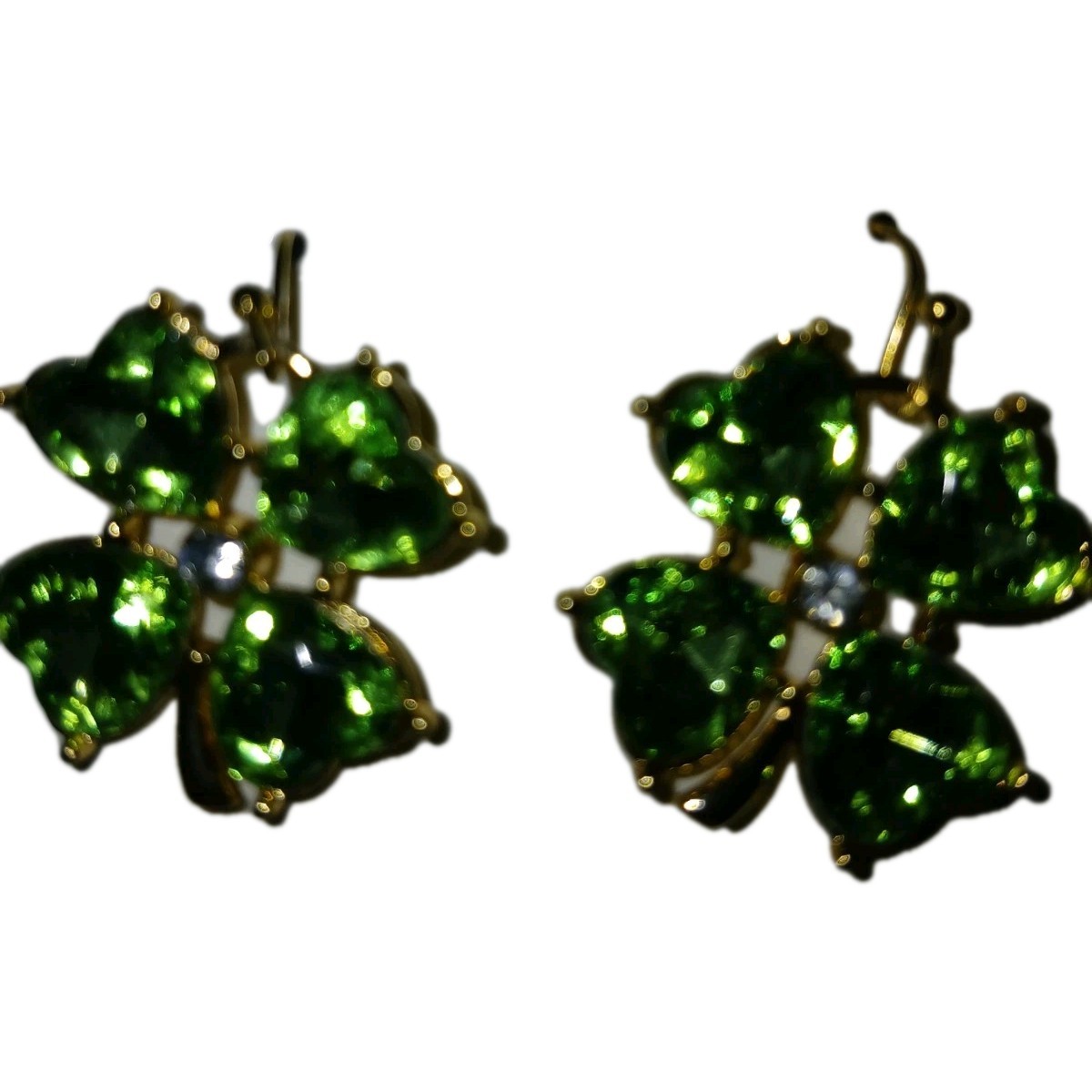 New Clover Earrings With Heart Shaped Green Rinestones. Dangle.