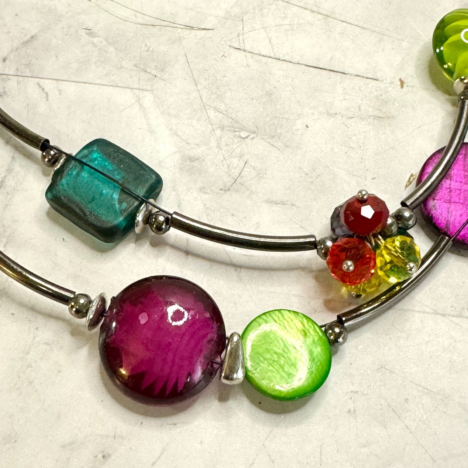 Ikita Glass Bead Necklace Two Strand Disc Stations Black Tone Metal Colorful