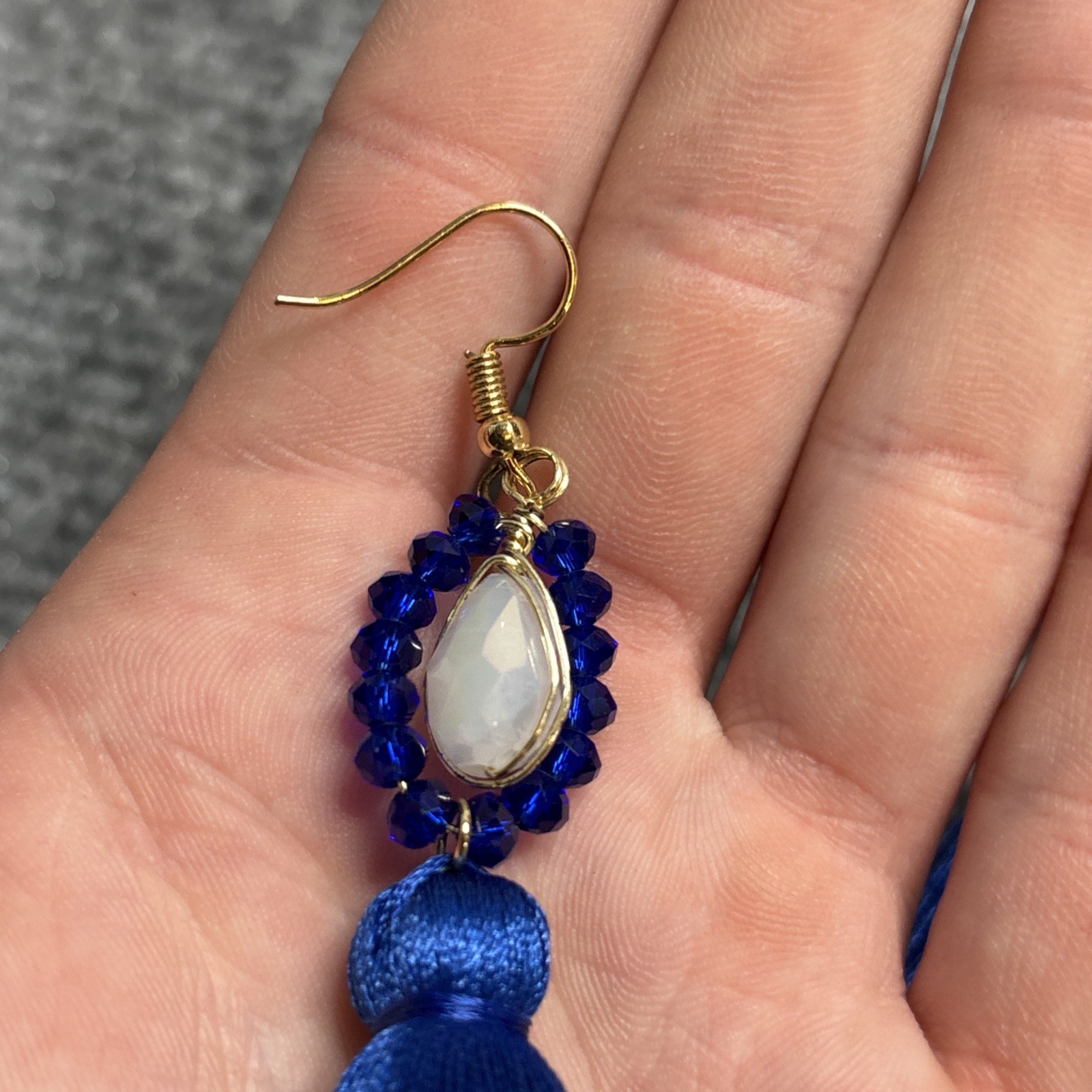 Blue Tassel Drop Earrings 4.5” Dark Navy Alloy White Stone Dangle Women