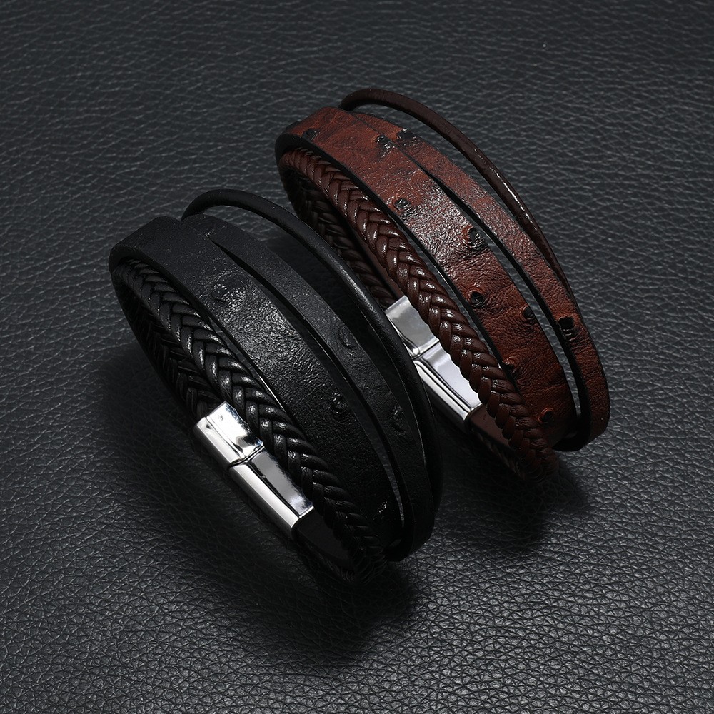 Men’s Black Leather Braided Bracelet Magnetic Clasp Charm Cuff Punk Rock