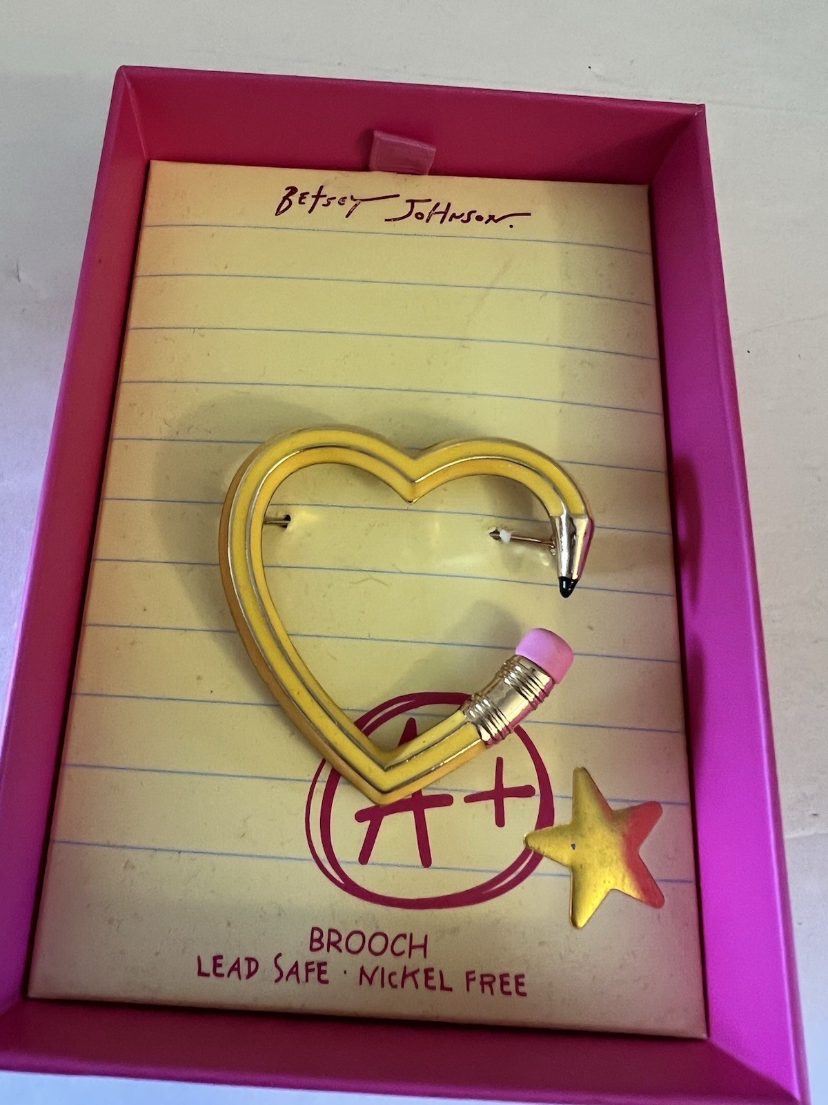 Betsey Johnson Brooch Heart Pencil Yellow With Star Accent NWT With Box
