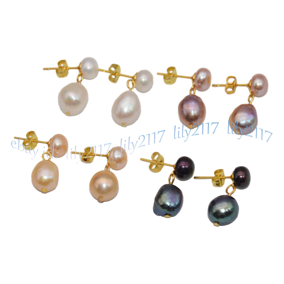 4 Pairs Natural Black White Pink Purple Double Akoya Pearl Dangle Stud Earrings