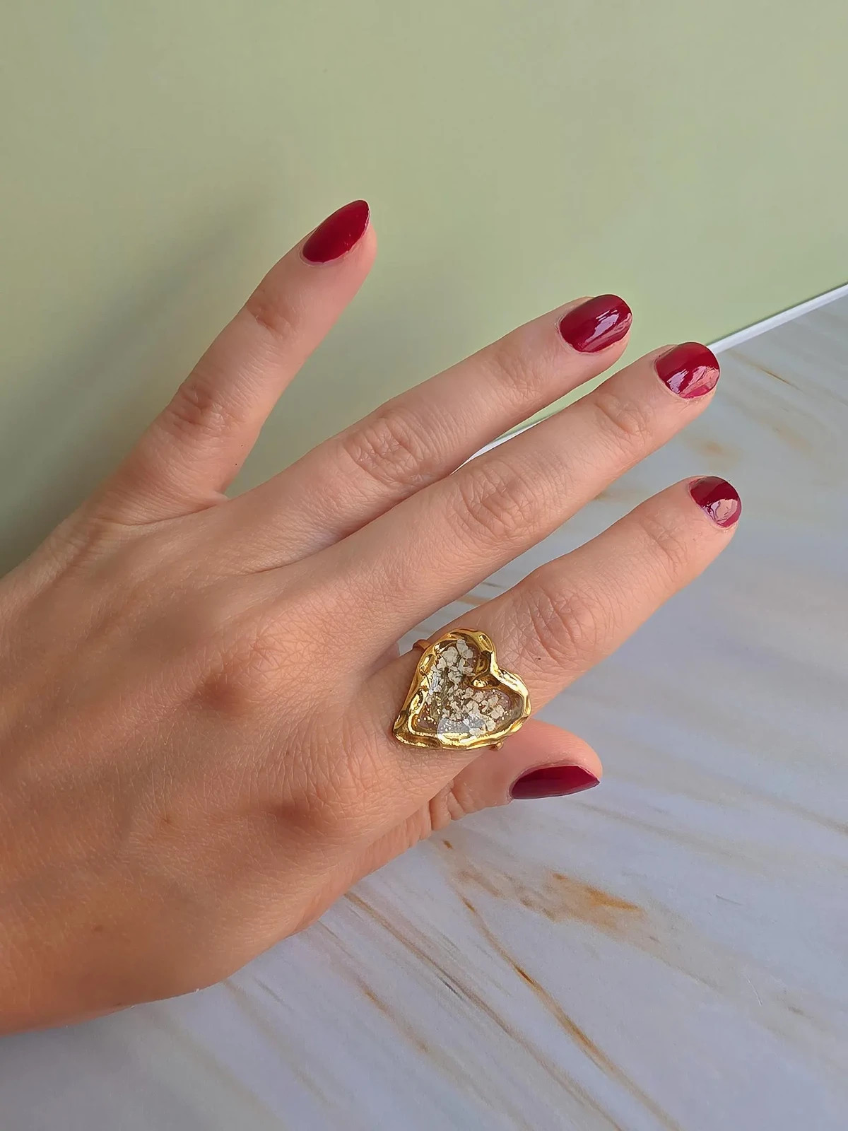 14k Yellow Gold Heart Ring Pressed Flower Plated Resin Adjustable Botanical Gift