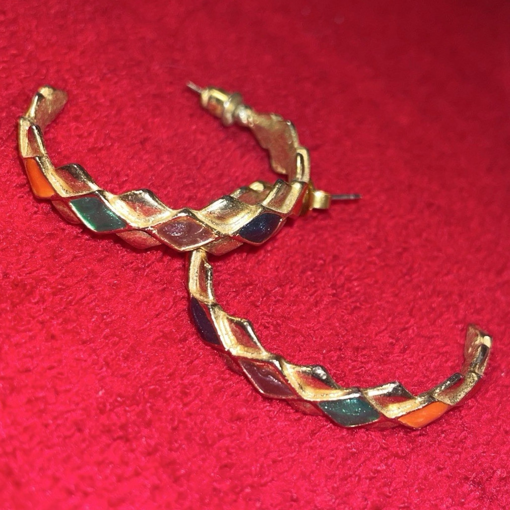 Gold Tone Multicolor Enamel Hoop Earrings, Twisted Snap Closure