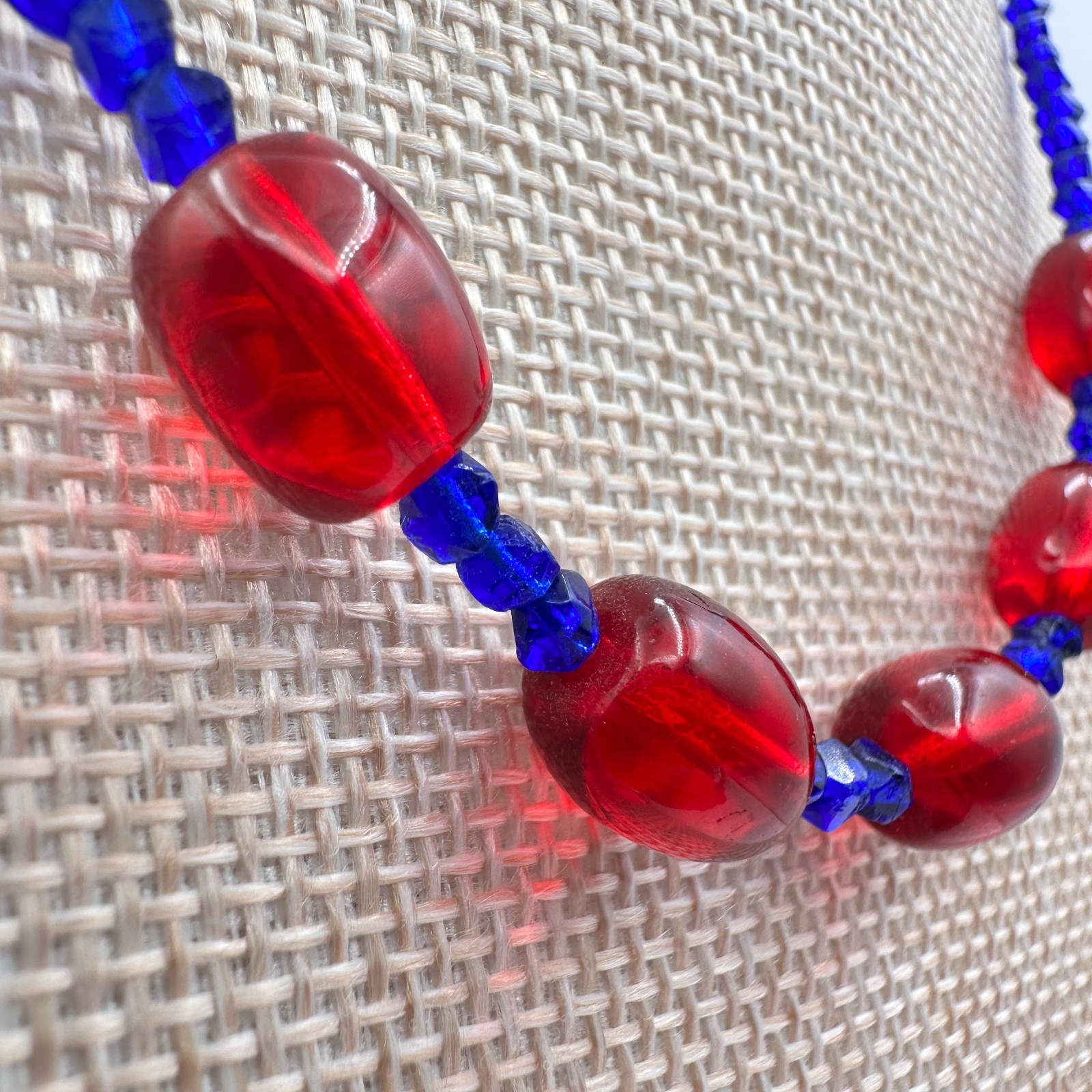 Vintage 70s Blue Seed Beads Necklace Red Glass Barrel Beads Statement Jewelry