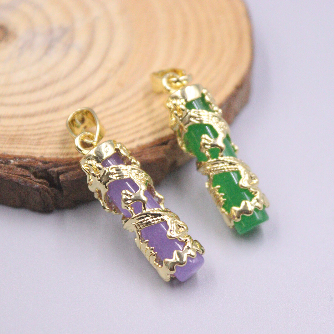 1pcs 18K Gold Over Alloy Metal Pendant with Heating Purple Jade Dragon Pillar