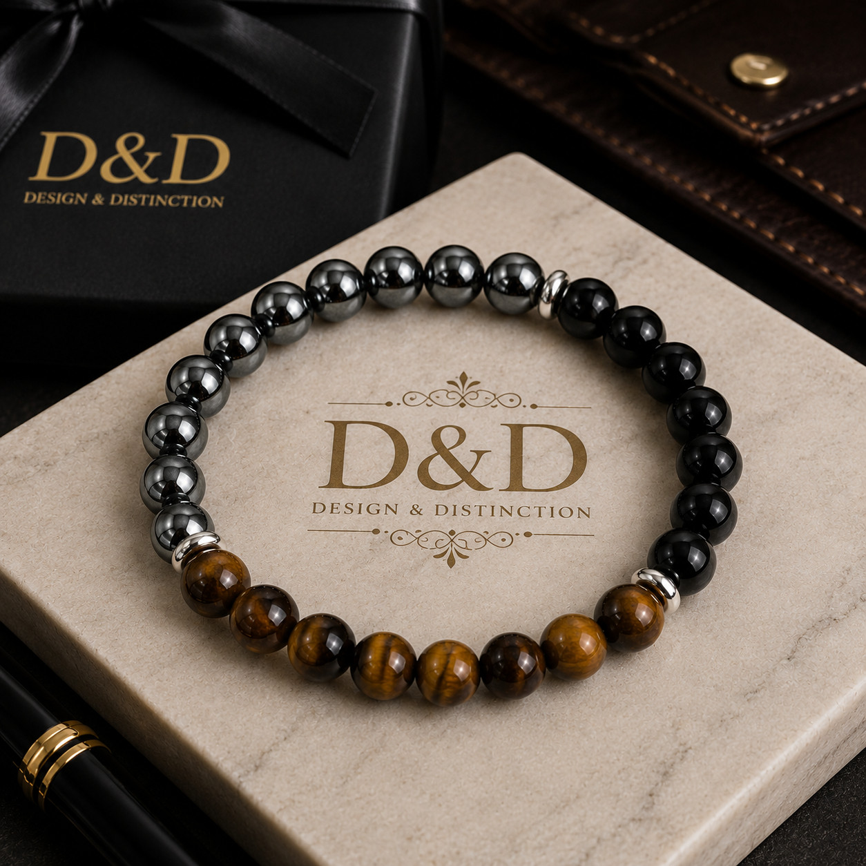 Tiger Eye Hematite Black Onyx Beaded Bracelet Men Women Stretch Handmade Gift