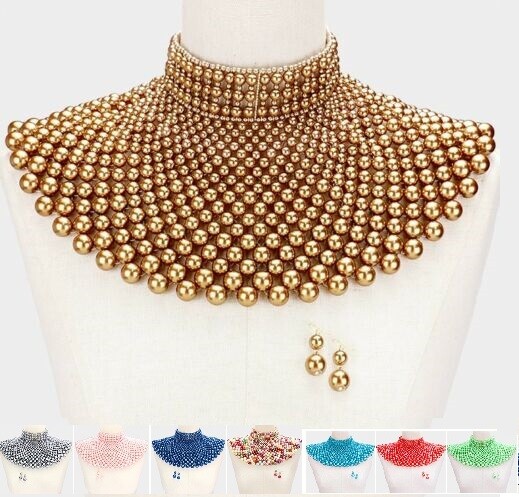 Pearl Statement Chunky Collar Choker Beaded Egyptian Necklace Chain Wide Bib