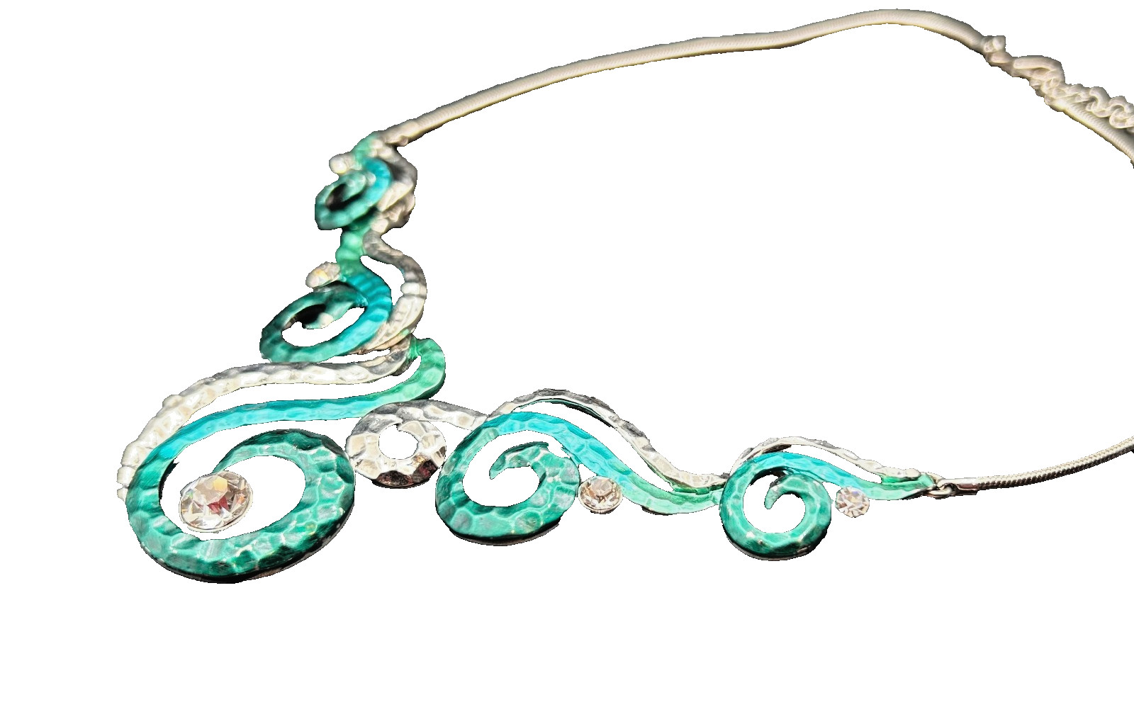 Silver Tone Statement Bib Necklace Teal Aqua Swirl Hammered Metal Rhinestone 18″