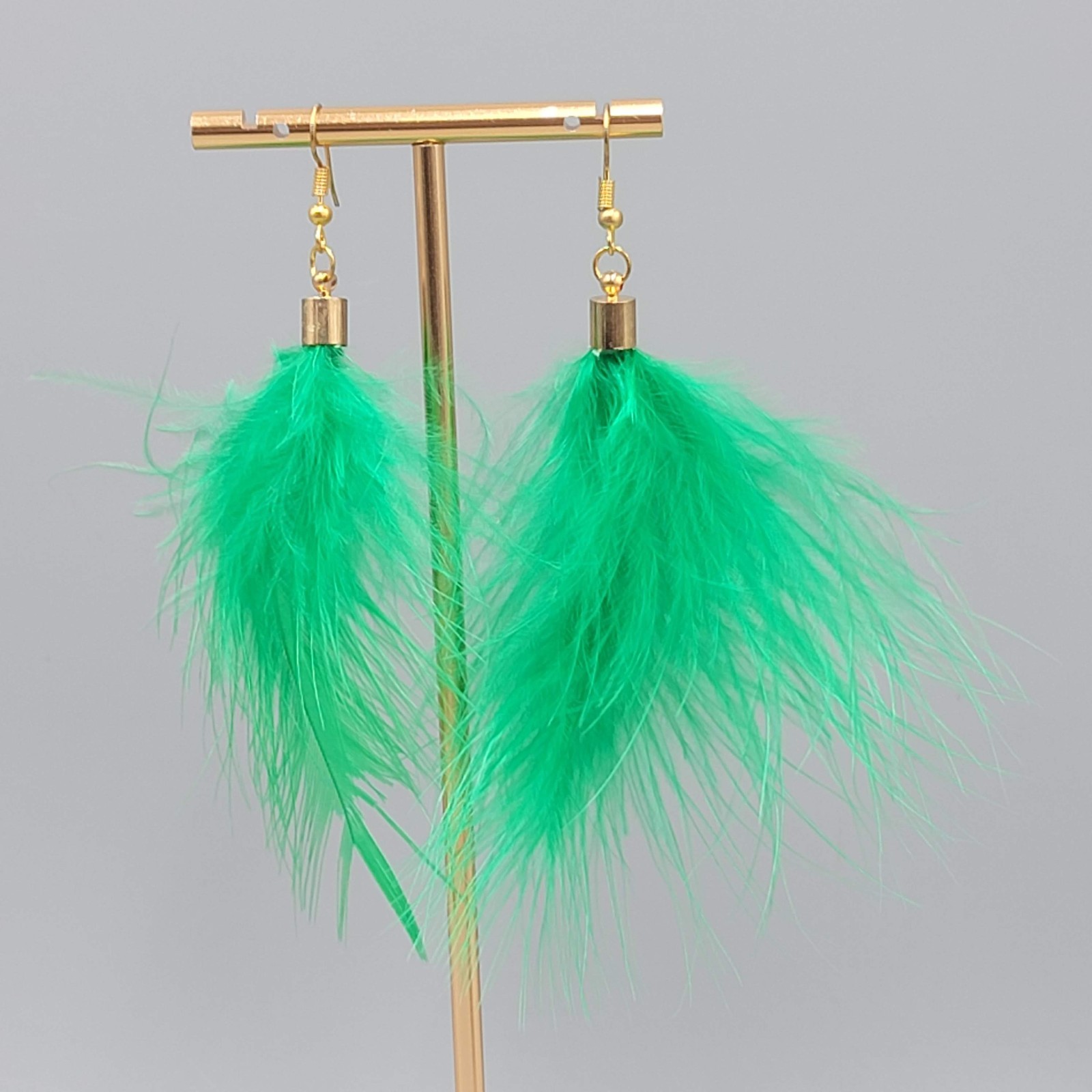 Real Bright Green Feather Pierced Earrings Large Statement Dangle 3.5 in