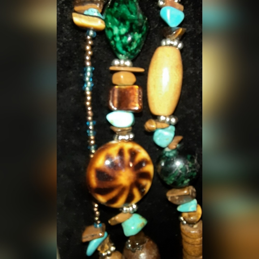 Stone, ceramic, wood, Glass seed beaded necklace Multistrand necklace