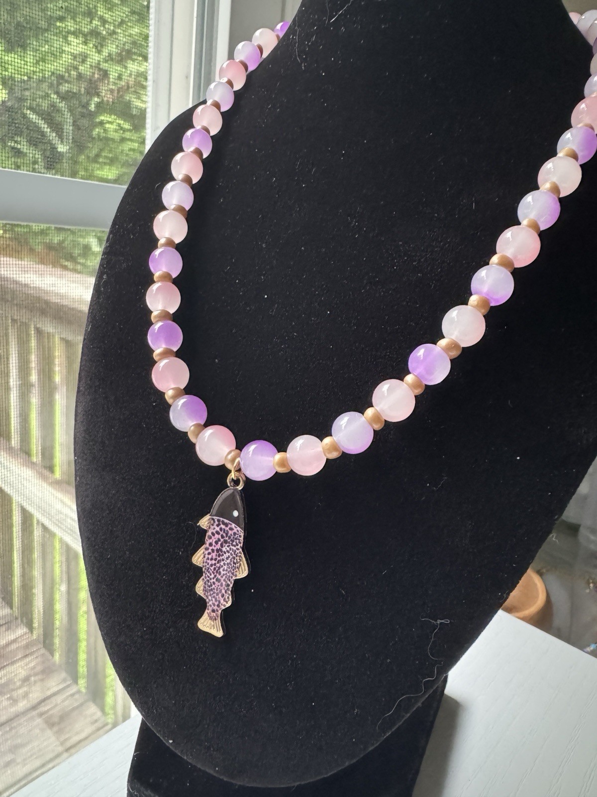 Handmade Pink Purple Gold Beaded Necklace Fish Charm Pendant