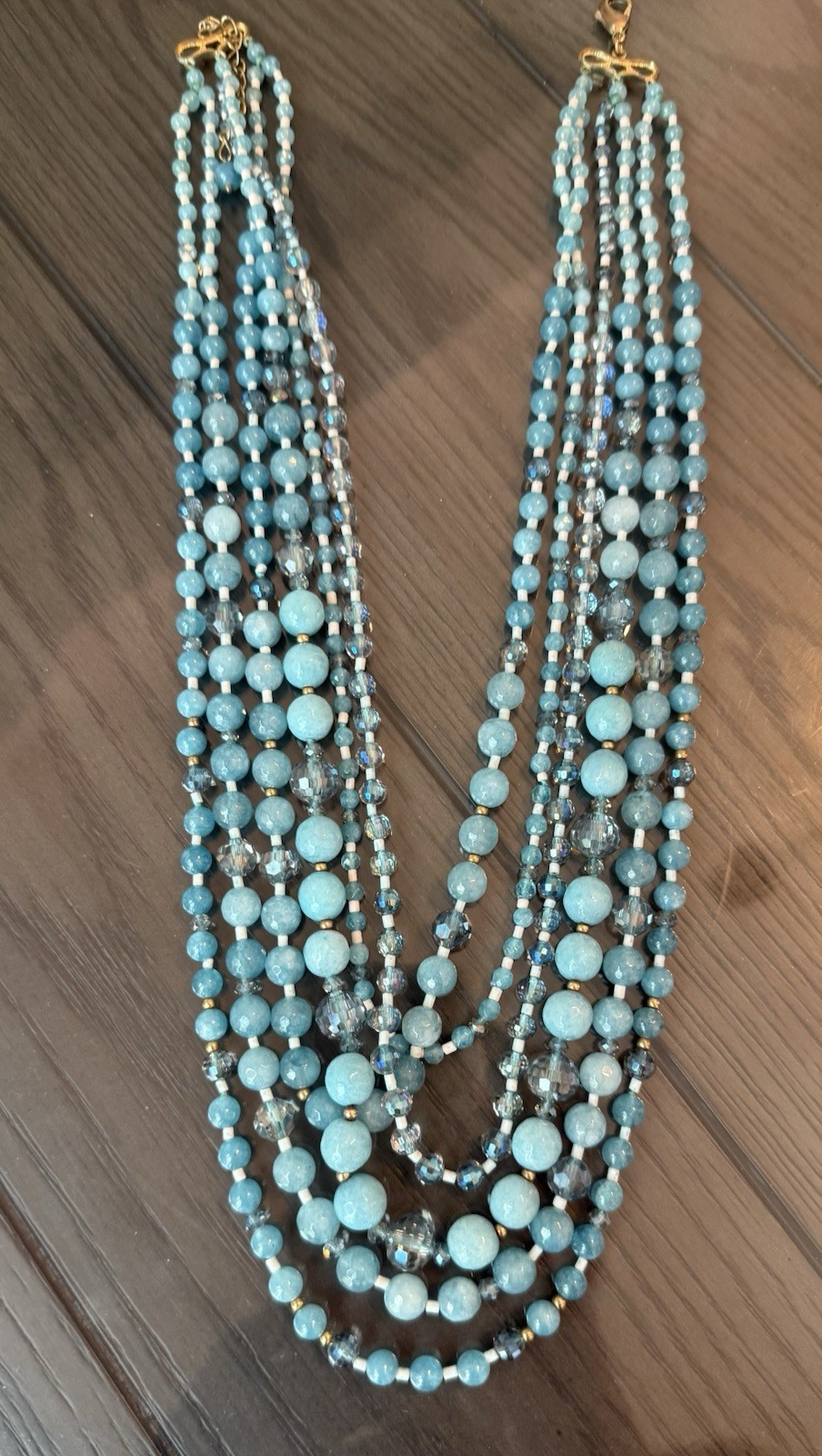 Blue Multi-Strand Statement Beaded Necklace, Round Glass Beads, Ball/Bead