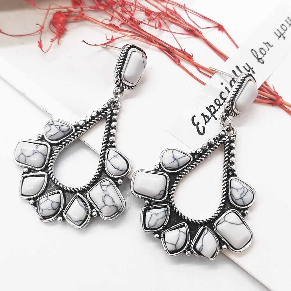Fashion Bohemia Style White Turquoise Gems Vintage Silver Stud Hook Earrings 2″