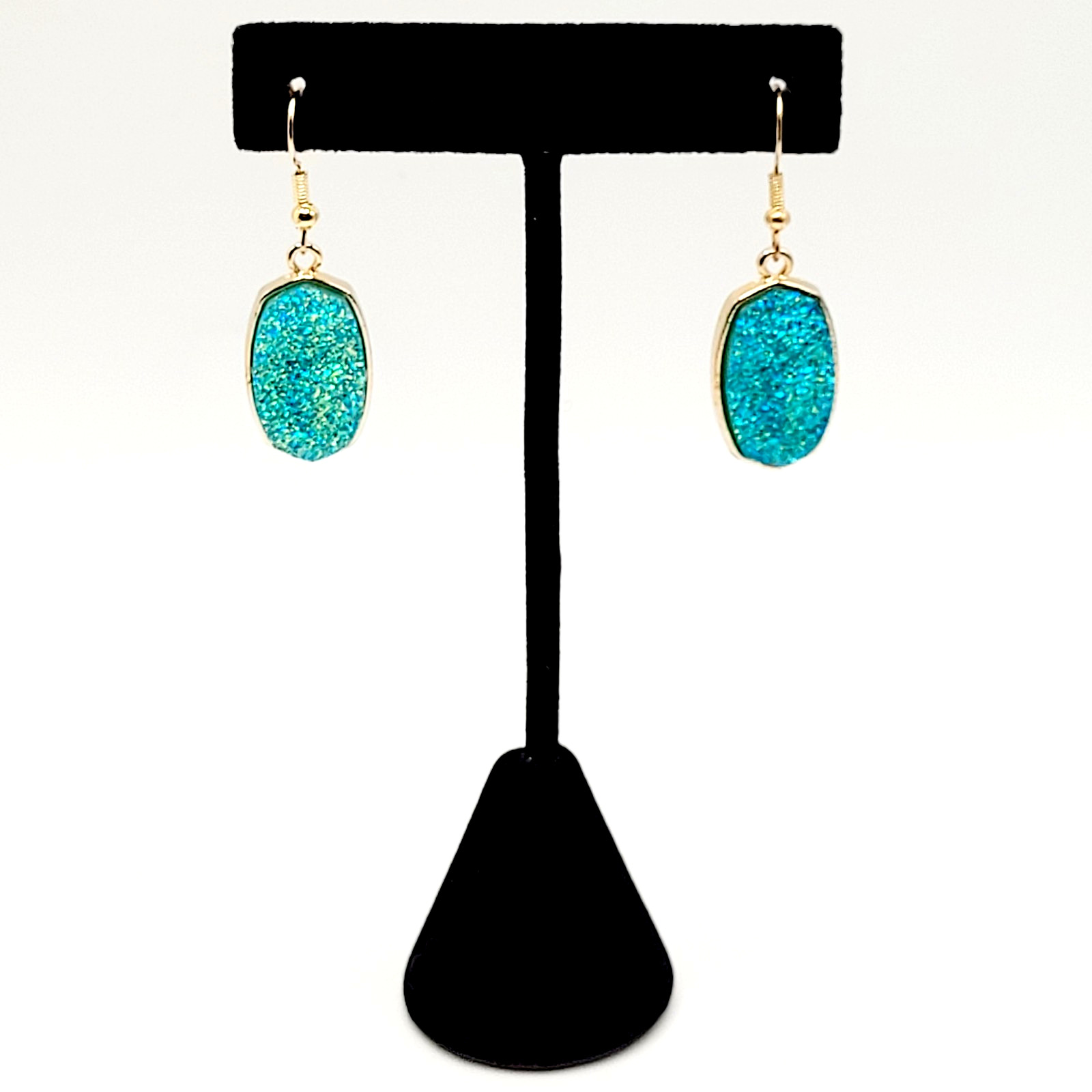 Modern Sparkle Faux Druzy Turquoise Color Gold Tone Pierced Hook Dangle Earrings