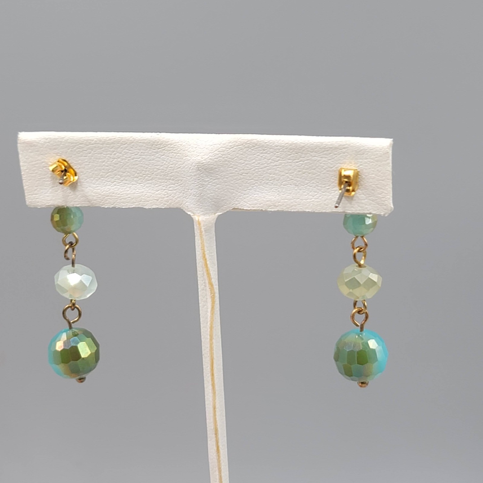 Blue Multicolor Glass Bead Pierced Earrings Gold tone Dangle 1.5 in