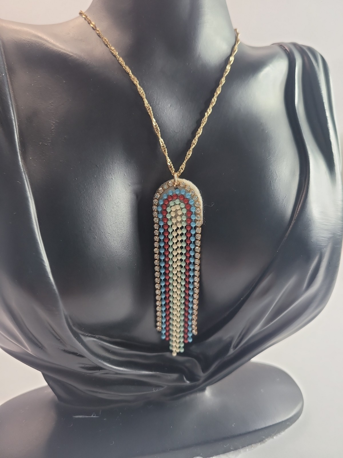 Boho Beaded Tassel Pendant Necklace Rhinestone Fringe Turquoise Red Gold Tone St