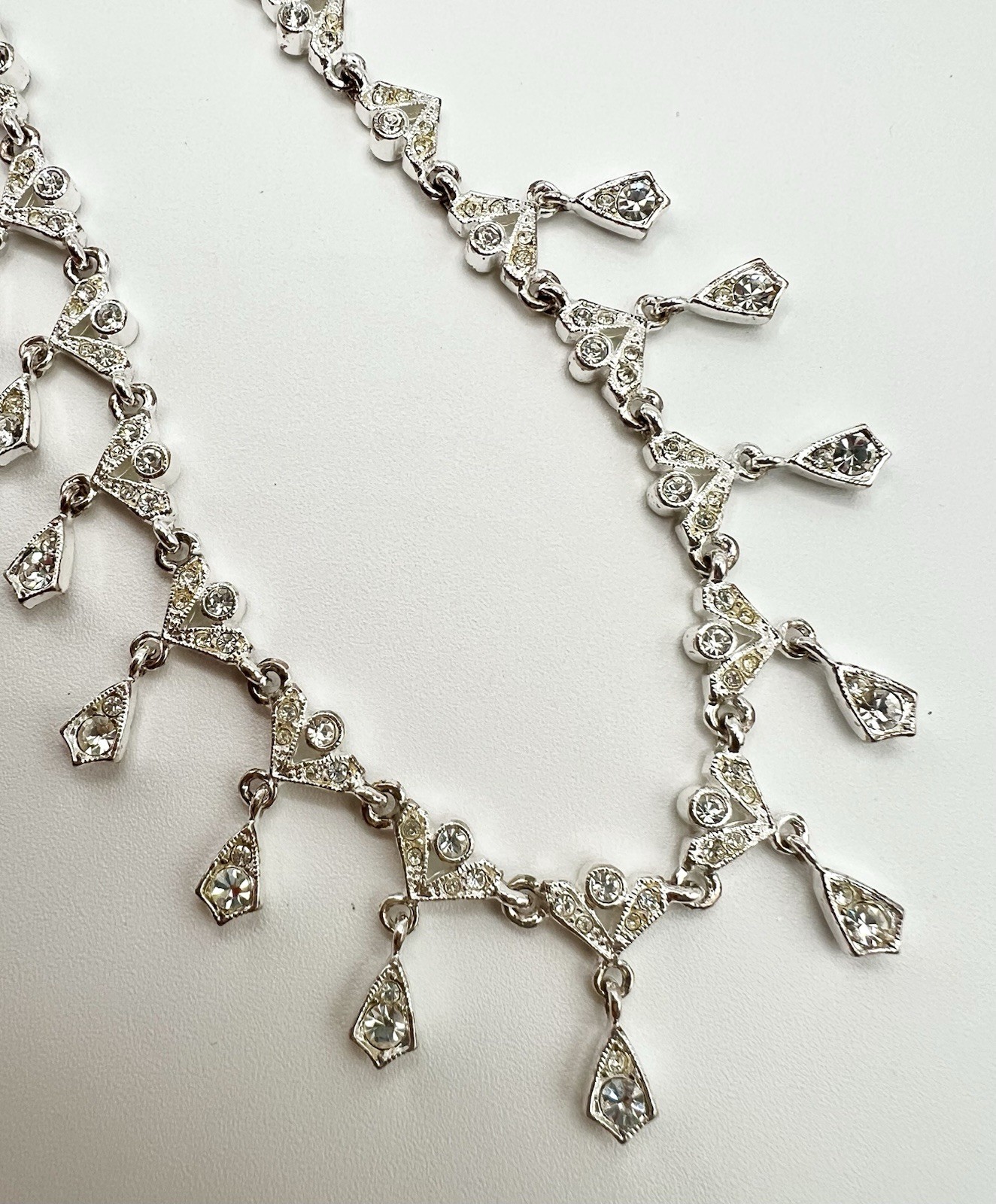 Vintage Napier Necklace Rhinestone Drop Statement Bridal Formal Silver Tone 17”