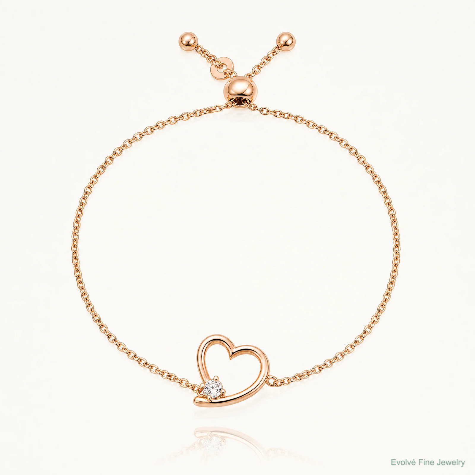Sterling Silver Rose Gold-Plated Open Heart With CZ Adjustable Bracelet