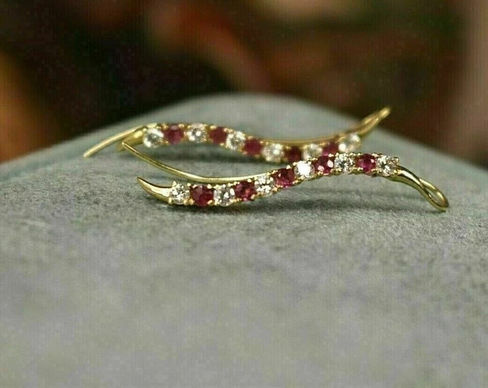 2Ct Round Simulated Ruby & Diamond Ear Cuff stud Earrings 14K Yellow Gold Plated