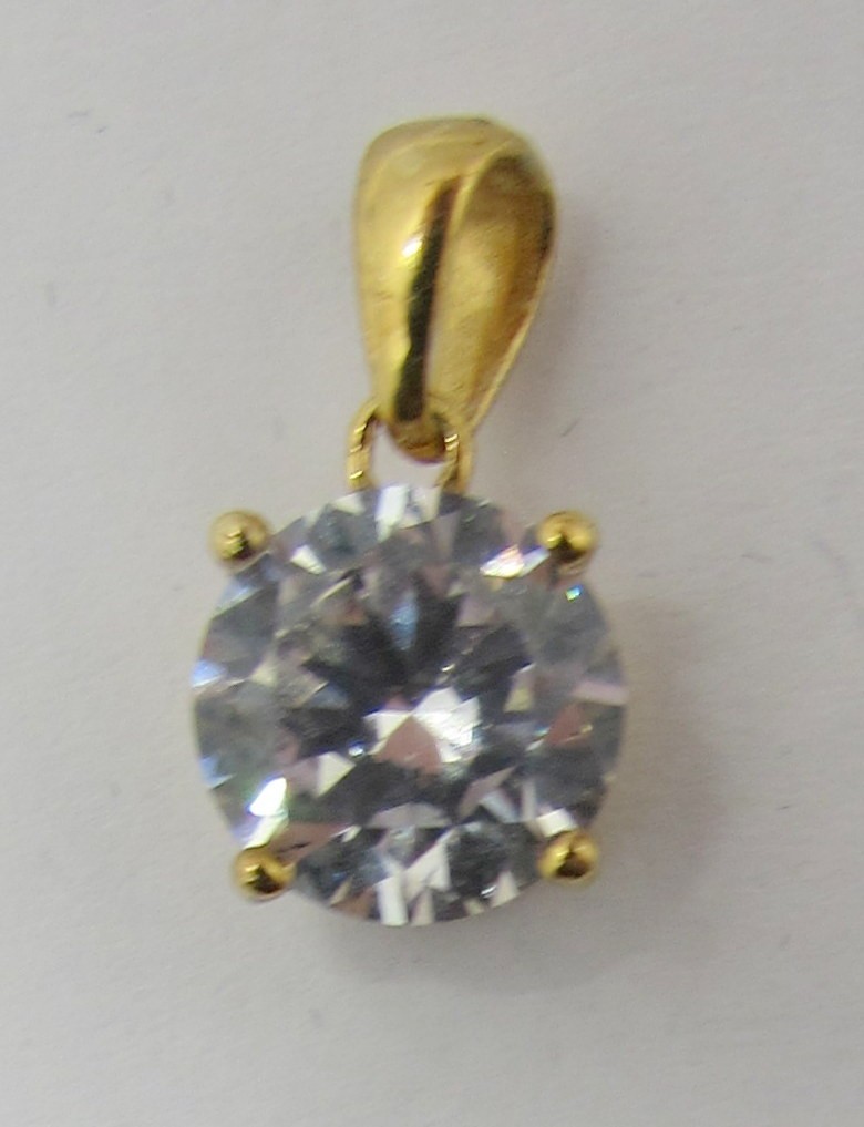 GOLD OVER 925 STERLING SILVER CUBIC ZIRCONIA ROUND SOLITAIRE PENDANT 14X7MM~1.3G