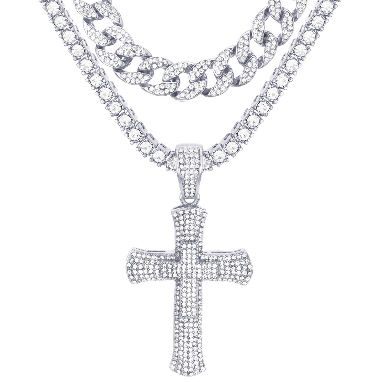 3D Cross Pendant Silver Tone 24″ Tennis and Cuban Chain Necklace TCMP 708 S