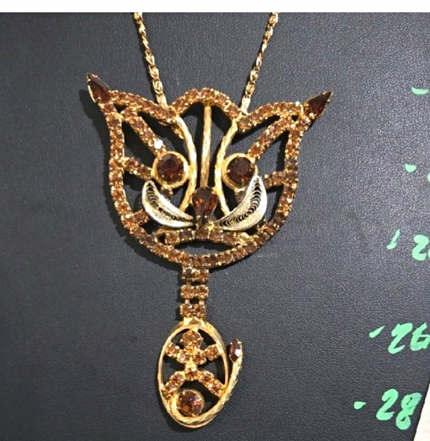 Rare Vintage Unsigned Alice Caviness Amber Toned Rhinestone Cat Necklace