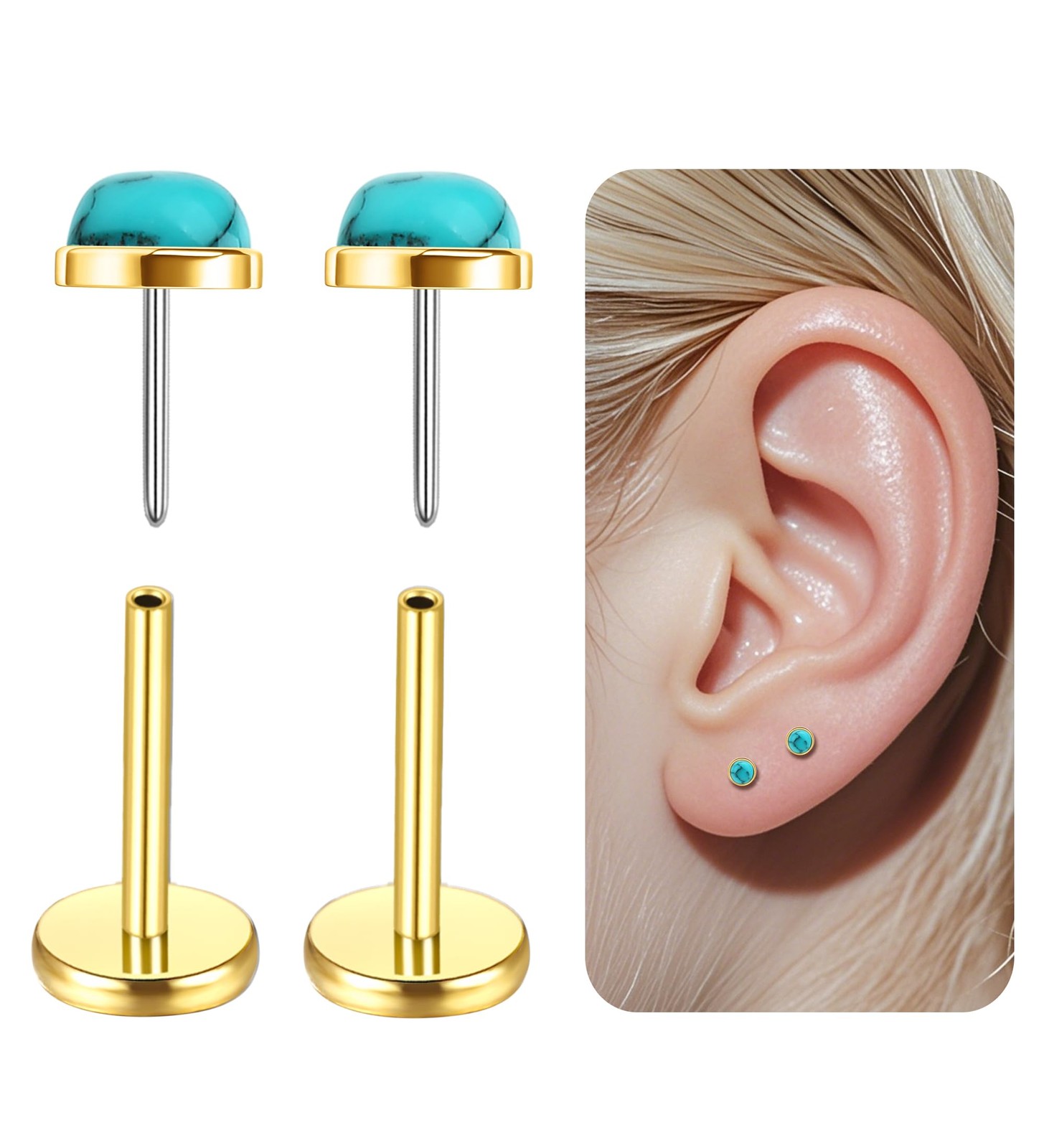 G23 Titanium Threadless Flat Back Earrings Studs 14K Gold Cartilage Push in S…