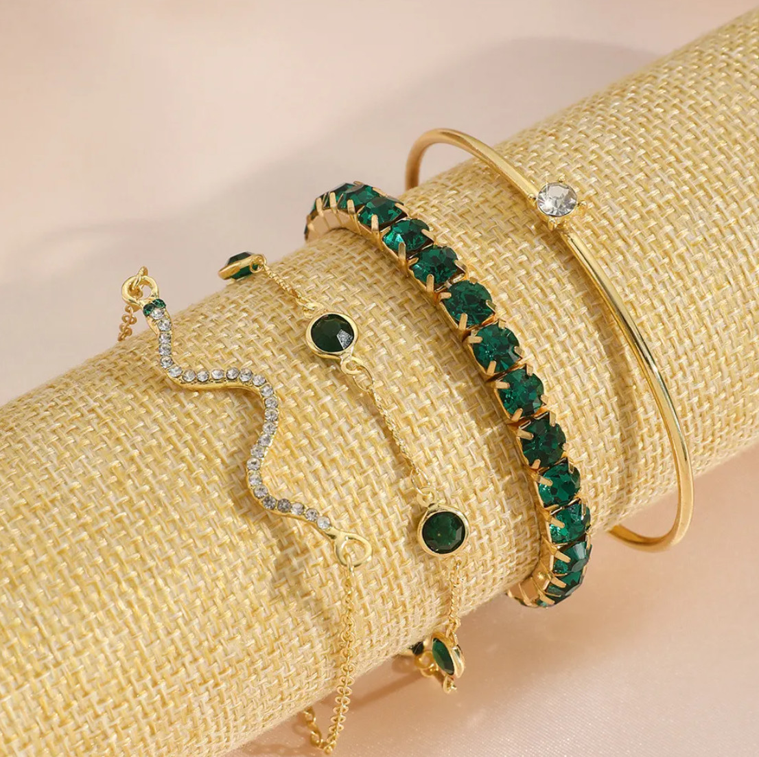 4Pcs Green Crystal Bracelet Set Women Gold Chain Stretch Bangle Jewelry Gift