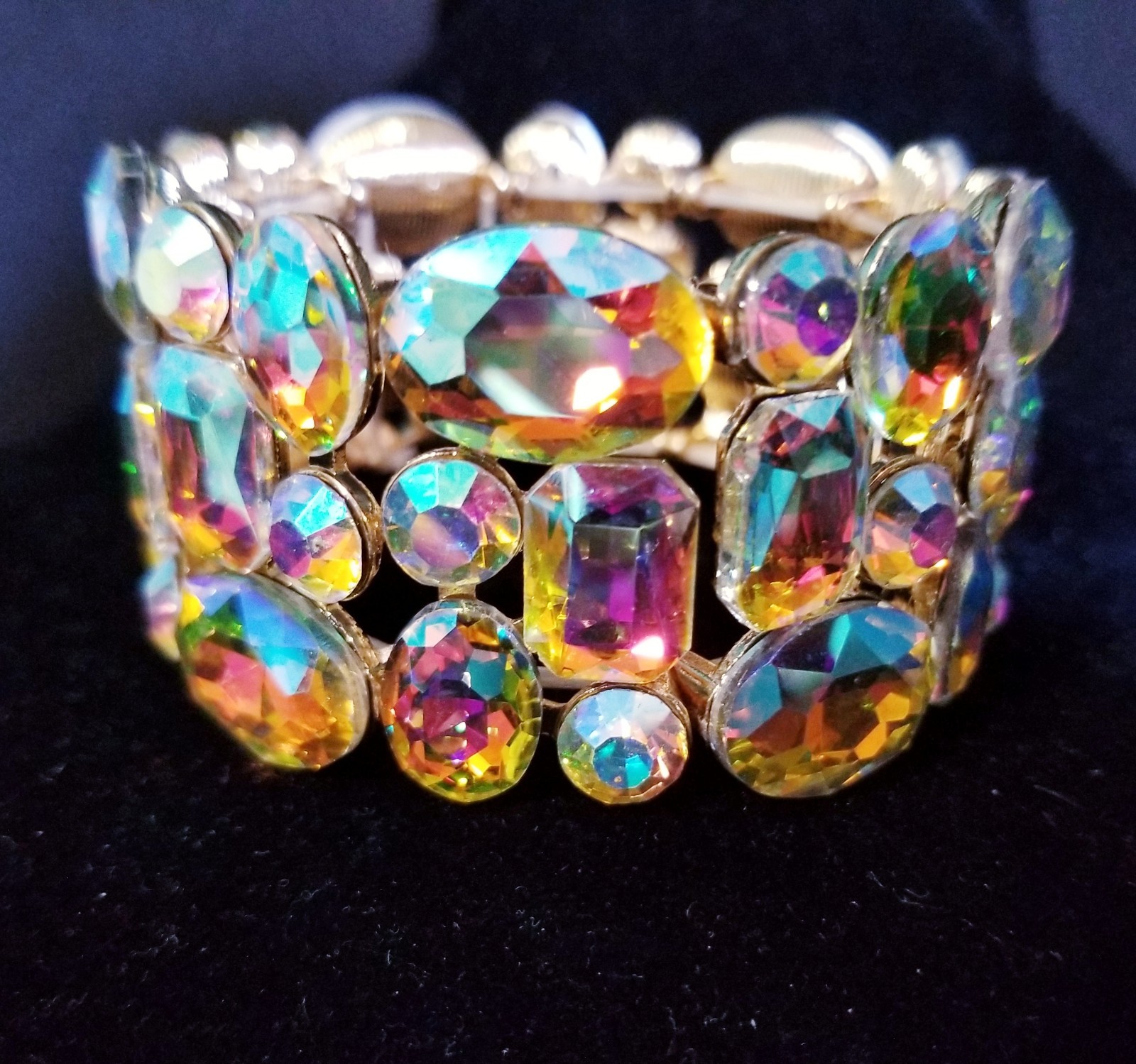 Iridescent Gold Rhinestone Stretch Bracelet Statement Drag Pageant Prom Bridal