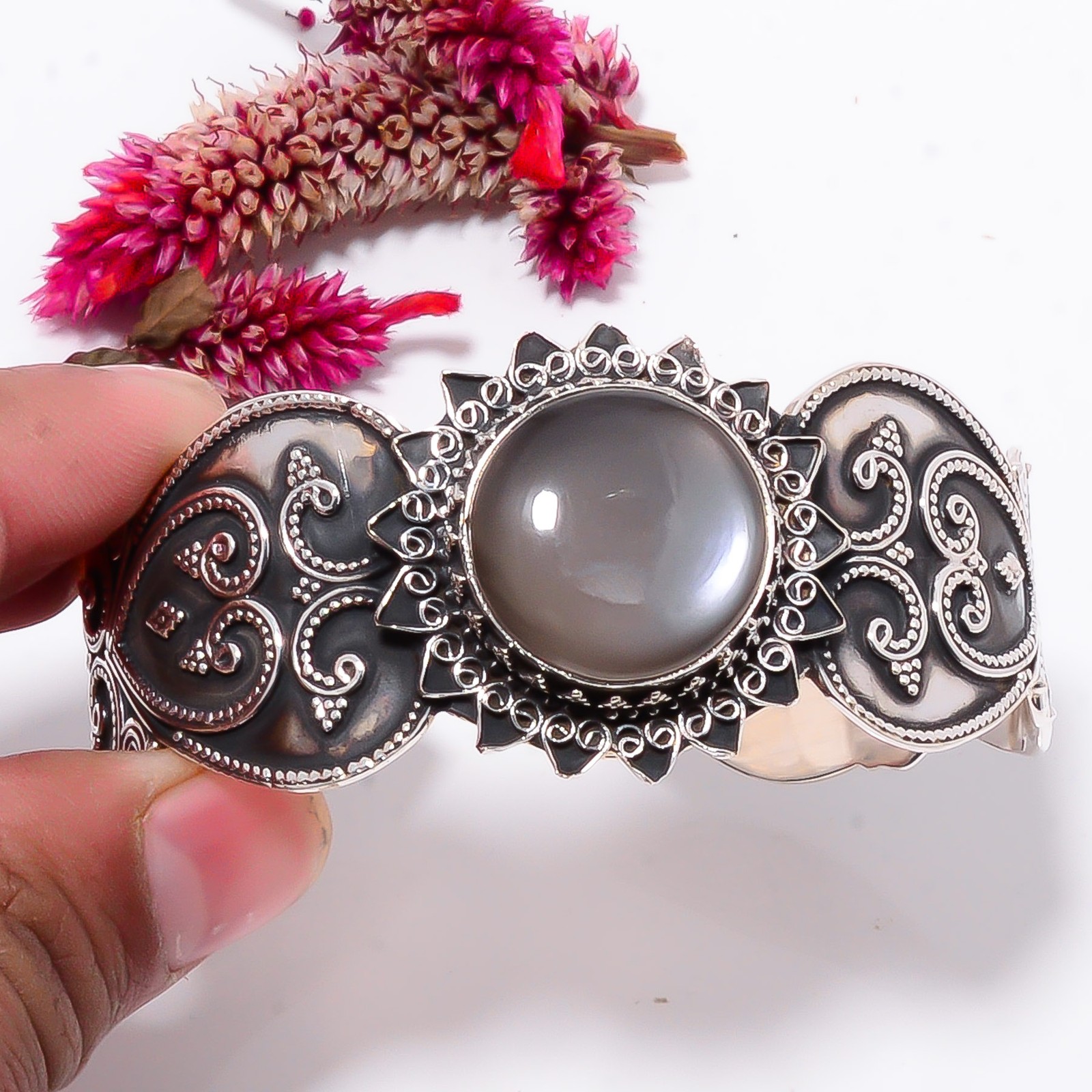 Gray Moonstone – Sri Lanka 925 Sterling Silver Bali Cuff|C968358552