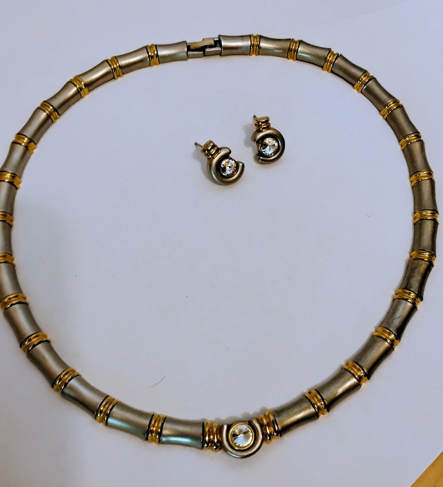 Bamboo Style Choker Link Necklace And Pierced Earring Set Silvertone Gold tone