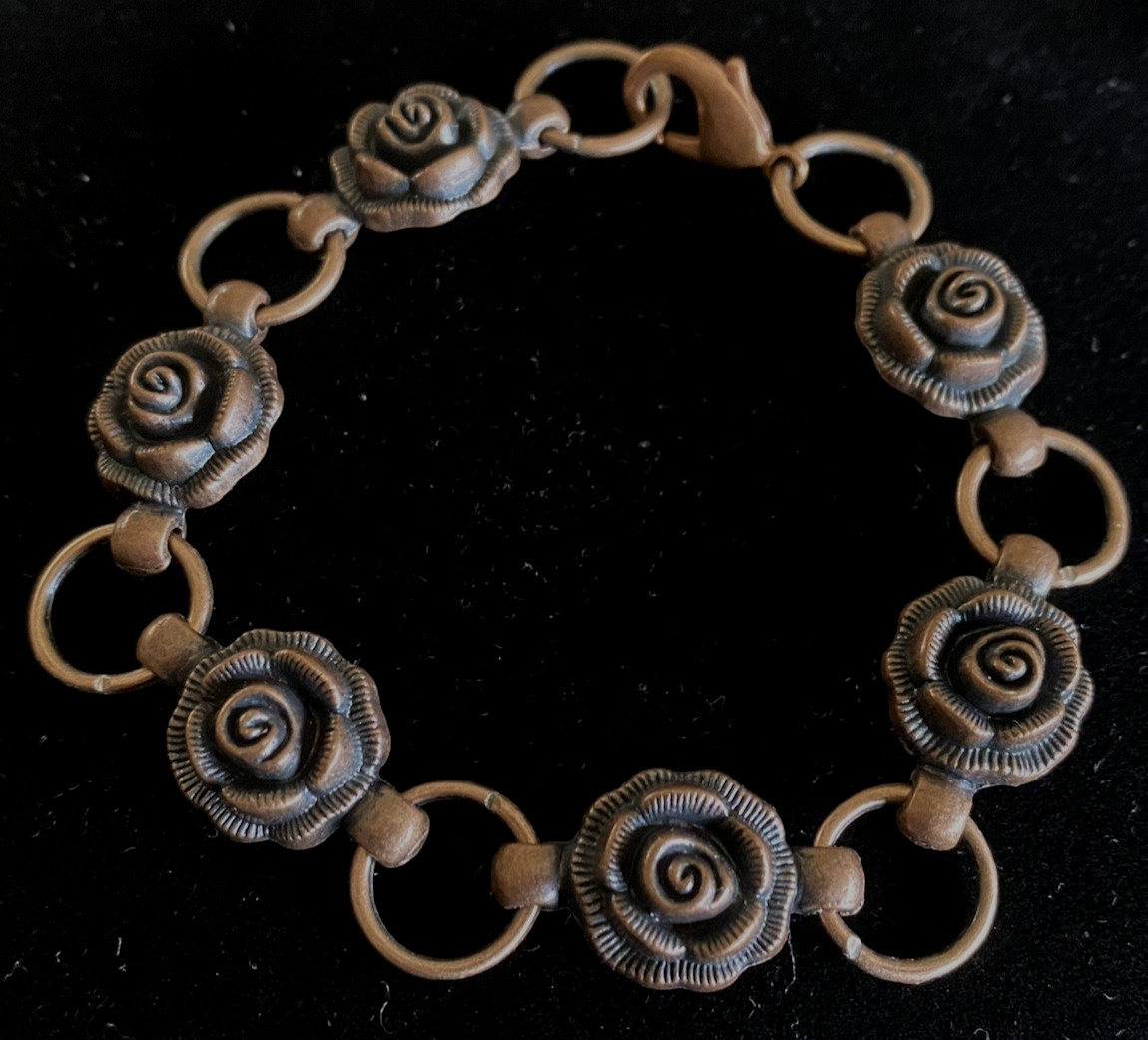 Rose Bracelet Antique Copper Hook Clasp Roses Pewter Charms 7 1/4″ inch Flower