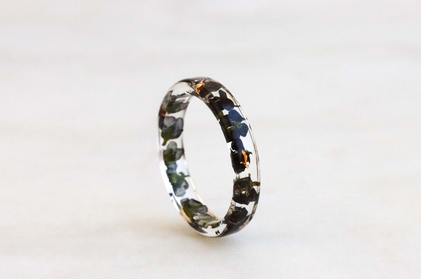 Thin Resin Ring With Pressed Black Flowers and Gold Flakes, Nature Inspired Band