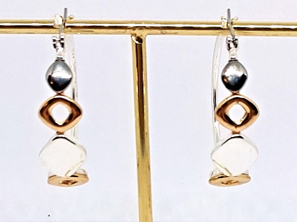 Unmarked Mixed Metal Gold and Silver Tone Hoop Earrings with Geometric Shapes