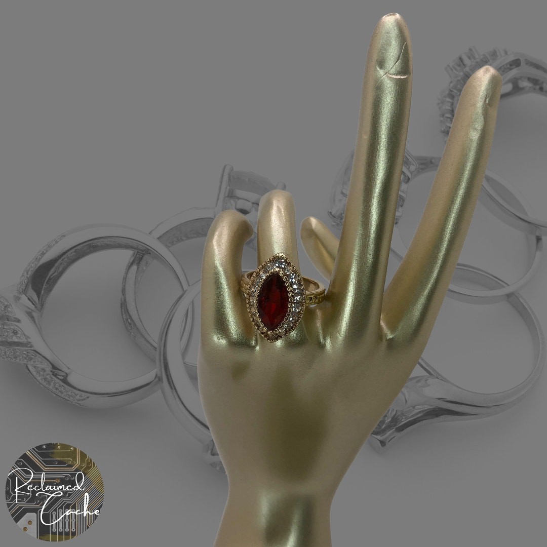 Womens Gold Tone Red Rhinestone Marquise Statement Cocktail Fashion Ring Sz 6.5