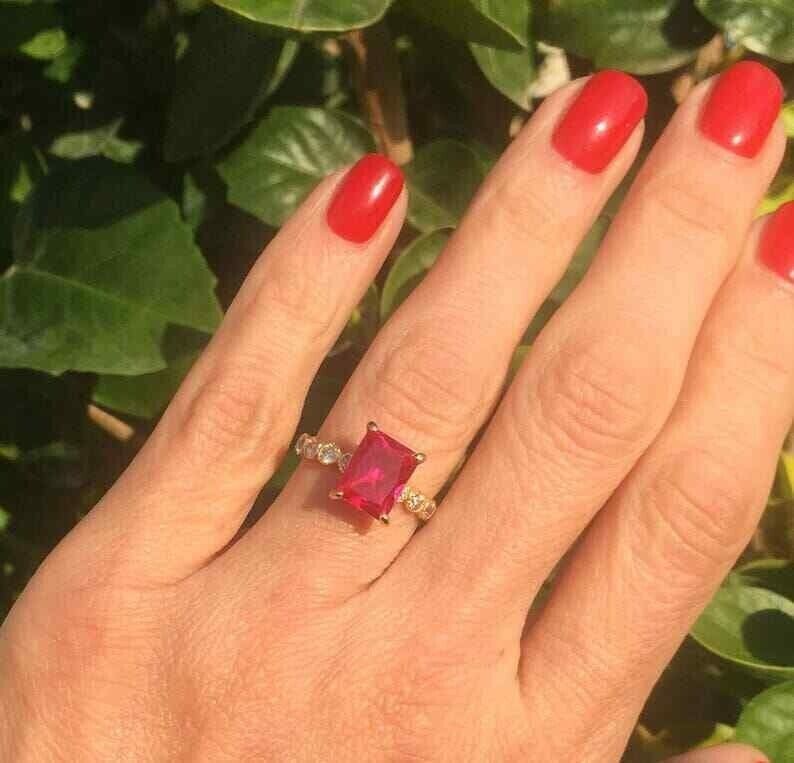 Emerald Cut Simulated Pink Ruby Gorgeous Engagement Ring 14K Yellow Gold Plated
