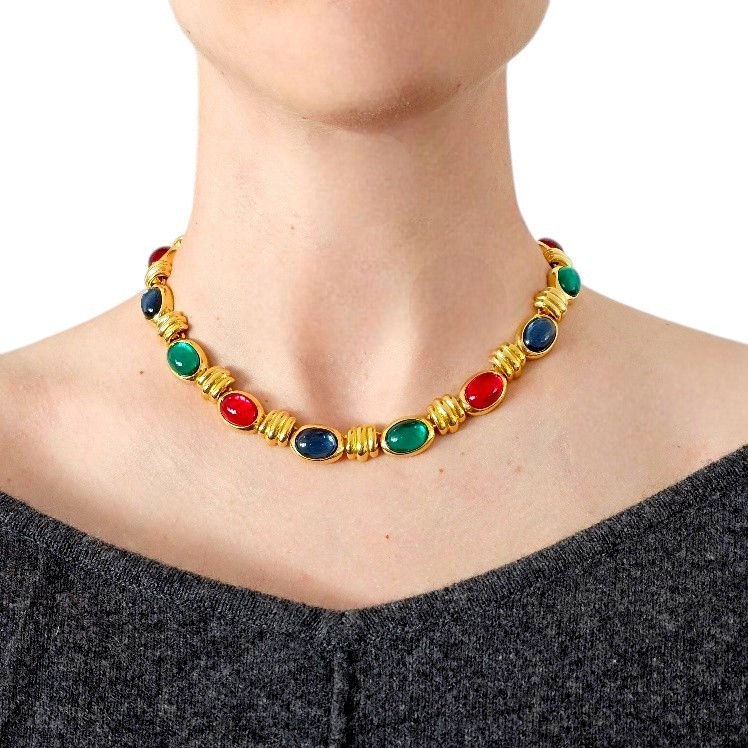Necklace Gold Plated + Gripoix Poured Glass Multicolored Oval Cabochons Vintage