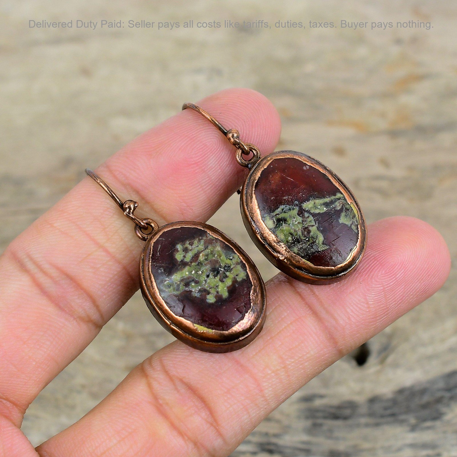 Copper Oval Dragon Bloodstone Stone Drop Dangle Electroformed Art Deco Earrings