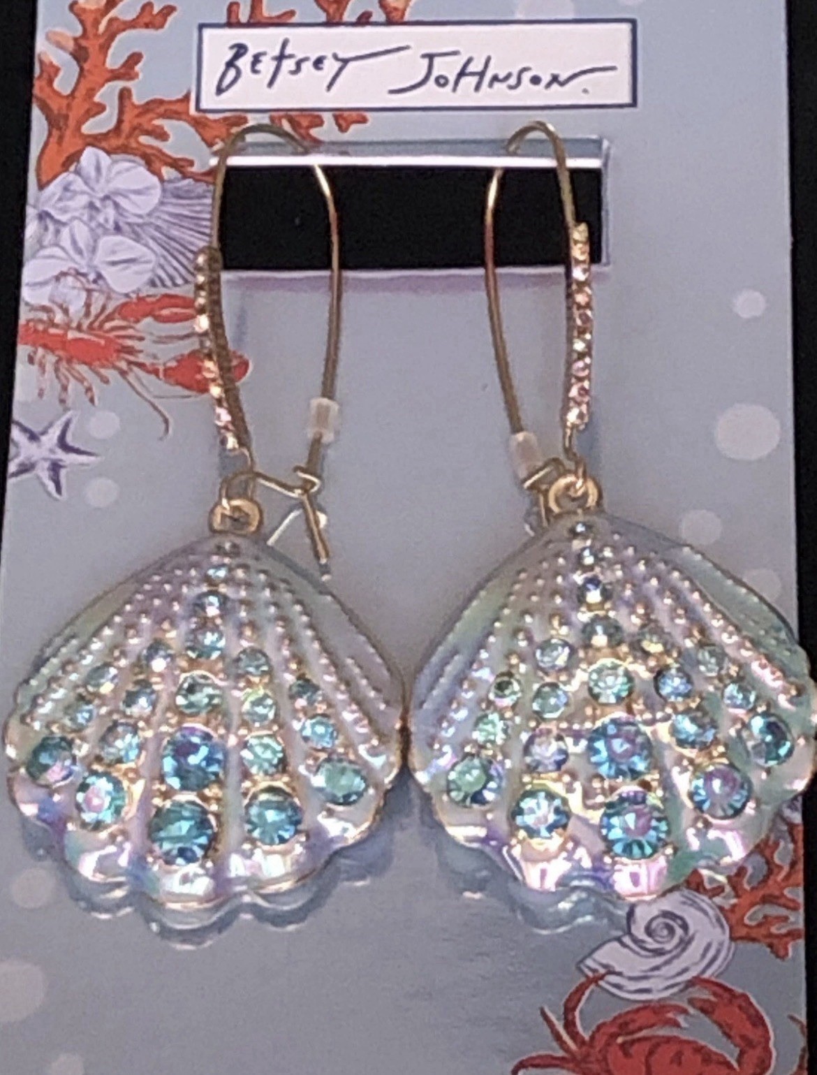Betsey Johnson Earrings Iridescent Seashell Mermaid Drop NWT Crystal Dangle