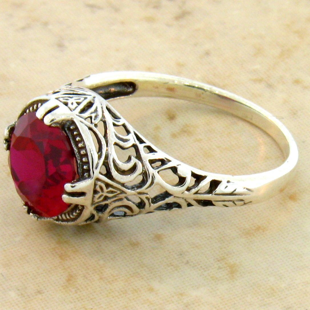 ART DECO STYLE FILIGREE RING 925 STERLING SILVER 2.5 Ct LAB-CREATED RUBY 641X